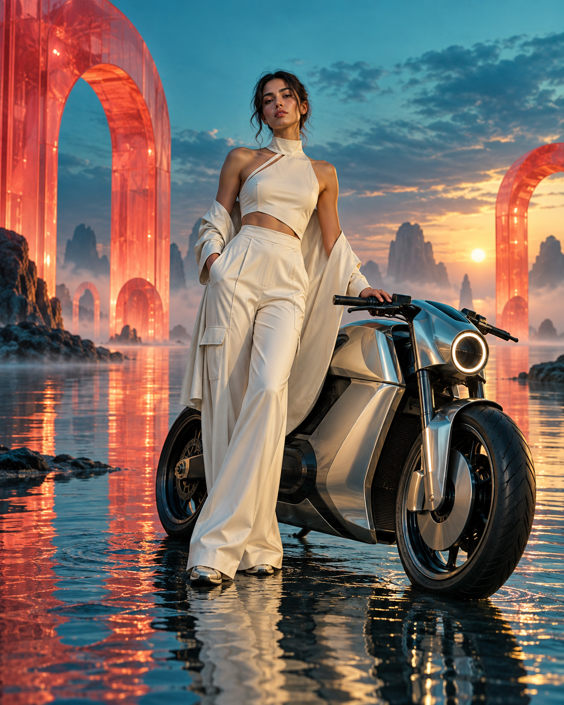 AI-generated fashion campaign with an electric motorcycle at blue hour